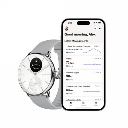 Withings Scanwatch 2 - zegarek z funkcją EKG, pomiarem pulsu i SPO2 oraz mierzeniem aktywności fizycznej i snu (38mm, white). Wy