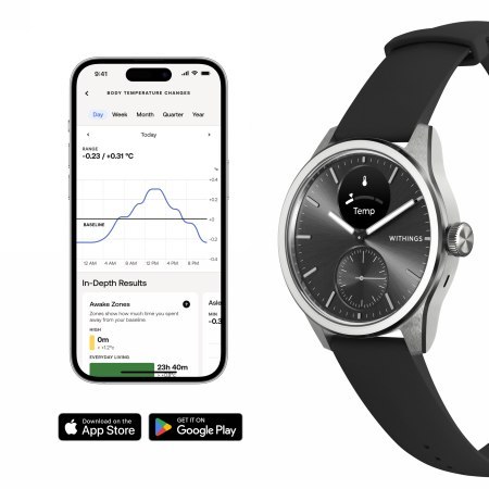 Withings Scanwatch 2 - zegarek z funkcją EKG, pomiarem pulsu i SPO2 oraz mierzeniem aktywności fizycznej i snu (42mm, black). Wy