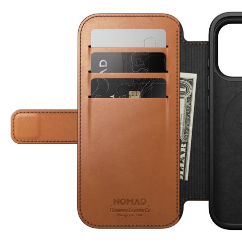 NOMAD Modern Leather Folio - etui do iPhone 18 Pro / 17 Pro kompatybilne z MagSafe, skóra Horween (saddle)